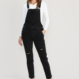 Straight Black-Wash Ripped Jean Overalls